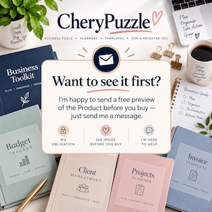 Op de afbeelding: Een collectie zakelijke planners en tools, waaronder Business Toolkit, Budget Tracker, Client Management, Projects Planner en Invoice Template. Een centraal bord toont Want to see it first? met een bericht over een gratis productvoorbeeld.