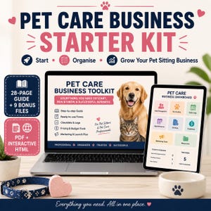 Peut inclure: Un kit de démarrage pour entreprise de soins aux animaux avec un ordinateur portable et une tablette affichant un tableau de bord. Inclut un guide de 28 pages, 9 fichiers bonus, PDF et HTML, un collier bleu à pattes et un bol blanc.