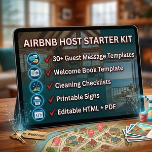 Puede incluir: Una tableta que muestra un kit de inicio para anfitriones de Airbnb con una lista de funciones que incluye más de 30 plantillas de mensajes, libro de bienvenida, listas de limpieza, carteles imprimibles y archivos HTML y PDF editables.