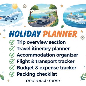May include: A Holiday Planner document featuring illustrations of an airplane, a car on a coastal road, and a cruise ship. The text lists features including a trip overview, itinerary, accommodation organizer, transport tracker, budget tracker, and packing checklist.