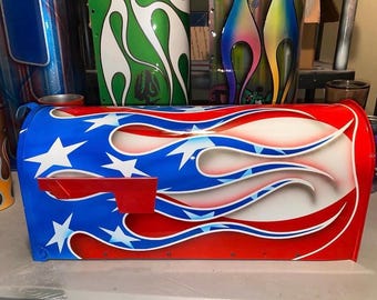 Custom Painted HotRod American Flag Flame Mailbox