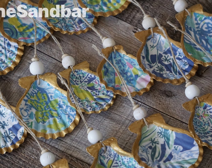 Gold Scallop Seashell Ornaments Housewarming Gift Set Handpainted Blue Decoupaged Shell Beach House Beaded Coastal Christmas - TheSandbar