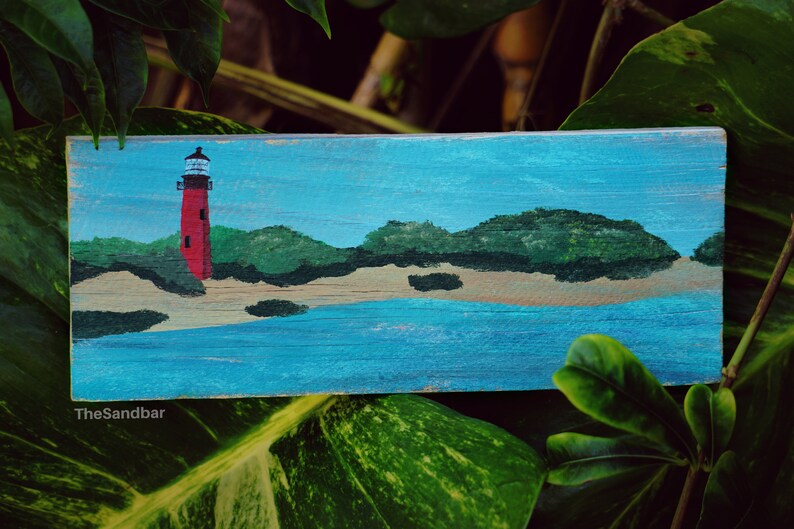 TheSandbar Handpainted Lighthouse Wood Sign Jupiter Tequesta Florida Home Decor Handmade Upcycled Red Brick Lighthouse Beach House