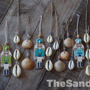 Cowrie Ornaments Hand Painted Nutcracker Ornaments Crystal Bead Seashell Ornament Coastal Beach House Gift Set Beaded Ornaments - TheSandbar