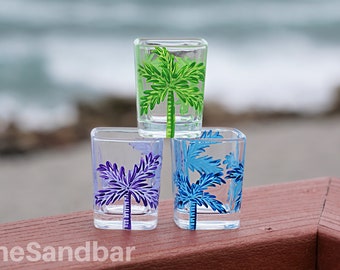 Rainbow Palm Shot Glass Handpainted Purple Barware Green Palm Tree Set Yellow Palm Beach Bright & Bold Art Housewarming - TheSandbar