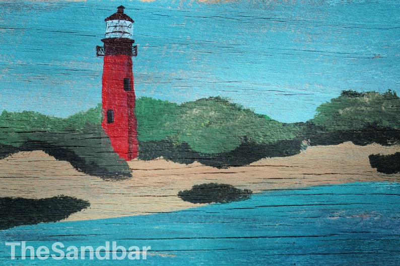 TheSandbar Handpainted Lighthouse Wood Sign Jupiter Tequesta Florida Home Decor Handmade Upcycled Red Brick Lighthouse Beach House