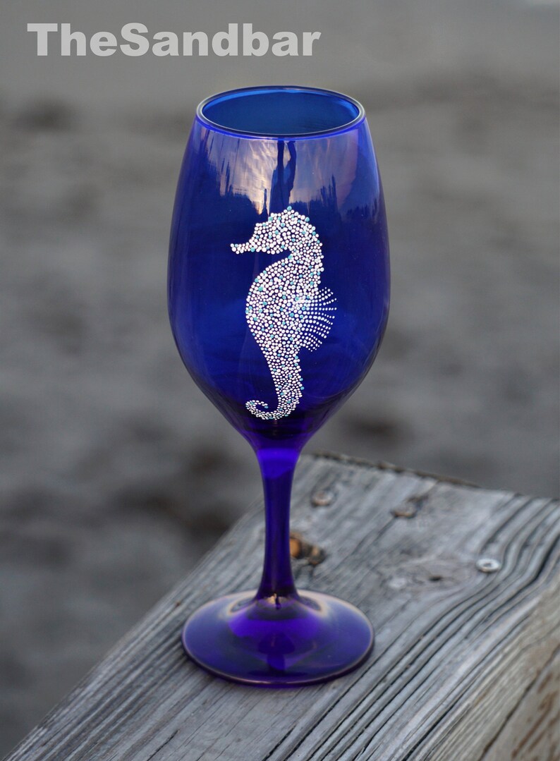 Seahorse Wine Glass Handpainted Blue White Coastal Etsy