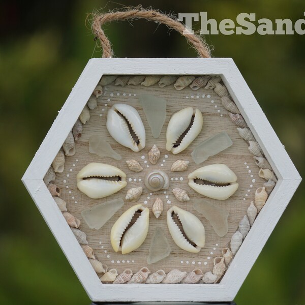 Boho Shell Art & Seaglass Handpainted Wood Hexagon Sign Dot Art Sliced Seashell Shadowbox Home Decor Beach House Cowrie Wall Art TheSandbar