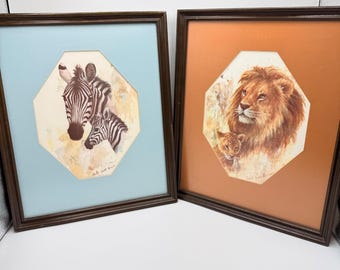 Vintage Doris Scott Nelson gesigneerd ingelijste print leeuwenwelpje zebraveulensafari Afrika