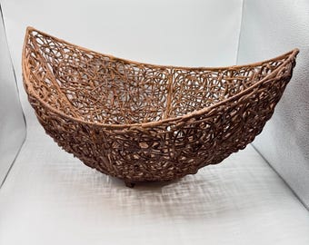 Vintage Sculptural Rattan Basket Bowl -Organic Modern Boho Centerpiece Wood Base