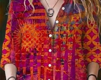 Cadeau bohème pour elle, chemise en lin abstrait soleil, chemisier psychédélique vibrant, haut personnalisé bordé de dentelle, cadeau d'anniversaire unique pour femme