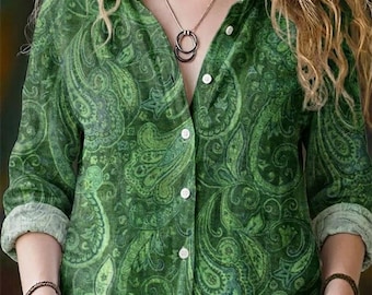 Grünes Paisley Leinenhemd, Boho Button-Down-Bluse, Western Style Top, erdige Vintage Kleidung, Sommer Festival Kleidung für Sie
