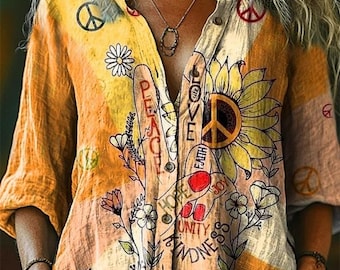 Sunflower Shirt, Kindness Shirt, Peace and Love Top, Linen Tunic for Women, Hippie Boho Clothing, Inspirational Floral Blouse