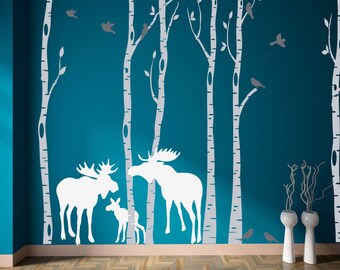 Birch Tree Wall Decals Set of Six with Moose Family Decal, REUSABLE Fabric Ecofriendly NO PVCs Decals