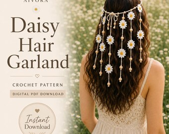 Patrón de ganchillo en PDF para guirnalda de margaritas para el cabello, corona de flores estilo boho con colgantes de cuentas.