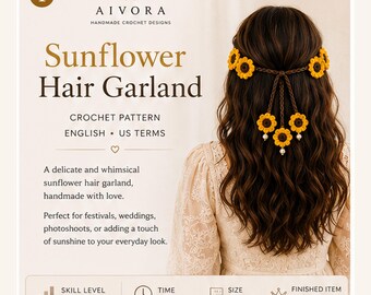 Patrón en PDF para accesorio de cabello de girasol a crochet, guirnalda bohemia con colgantes de perlas.