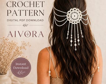 Patrón PDF de tocado de ganchillo estilo bohemio, joyería para el cabello de encaje con colas de cuentas.