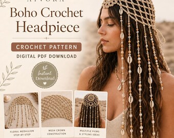 Patrón PDF de tocado de ganchillo estilo bohemio, corona de cabello de malla con cuentas y flecos de conchas.