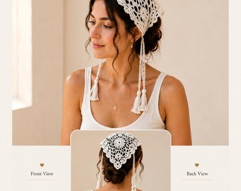 Patrón PDF de pañuelo para el cabello a crochet, bandana de encaje floral con borlas.