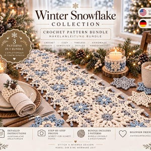 Puede incluir: Un paquete de patrones de ganchillo titulado Winter Snowflake Collection que incluye tres patrones. La imagen muestra un camino de mesa, un servilletero y posavasos hechos de hilo crema y azul claro con diseños de copos de nieve.