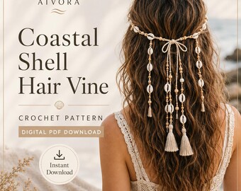 Patrón de ganchillo en PDF para enredadera de conchas de cauri, accesorio para el cabello estilo boho con cuentas.