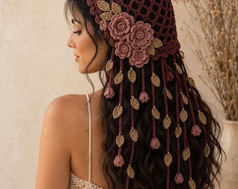 Patrón de gorro de ganchillo floral, red para el cabello estilo boho en PDF, talla para adultos.