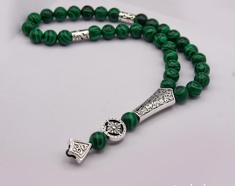 Tasbih-gebedskralen groen malachiet, dhikr-rozenkrans met 33 kralen, zilveren accenten, islamitische misbaha