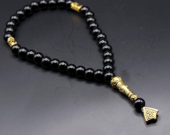 Black Onyx Prayer Beads Tesbih – 33 Bead Islamic Misbaha with Gold Accents