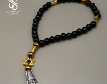 ブラックオニキスの祈りの数珠（ダビデの星付き）、ユダヤ教の瞑想ネックレス
