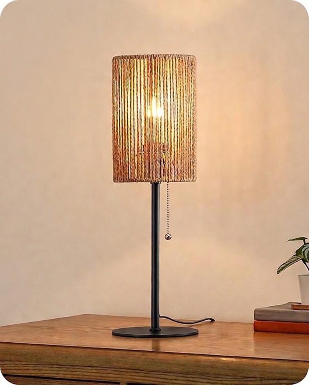 Woven Paper Rope Table Lamp, Natural Boho Bedside Light, Metal Base ...