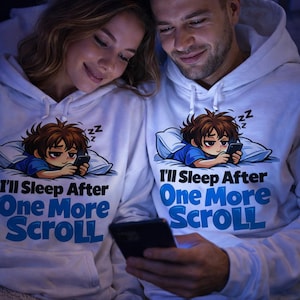 May include: White hoodies with the text "I'll Sleep After One More Scroll" and a cartoon graphic of a character using a phone. The image shows two people wearing the hoodies, looking at a phone.