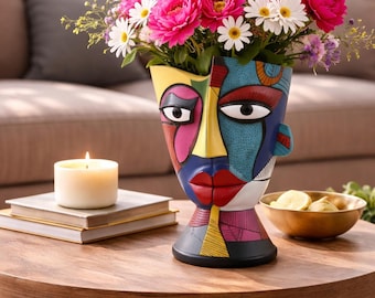 Vase abstrait en résine - Pot de fleur cubiste moderne, décoration d'intérieur sculpture colorée