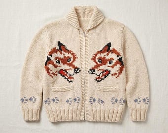Wolf Cardigan: Inspired Mary Maxim Canadian Style Sweater hand knit wool men's zip sweater