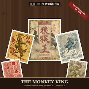 Sun Wukong, The Monkey King, Junk Journal Kit, Chinese Myth, Digital Download, Printable Ephemera Scrapbook Pages, 12 Sheets