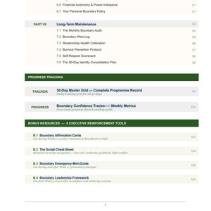 May include: A book's contents page, detailing sections on advanced strategies, long-term maintenance, and progress tracking. Includes titles such as "Workplace Power Dynamics" and "Boundary Affirmation Cards". The page numbers are visible.