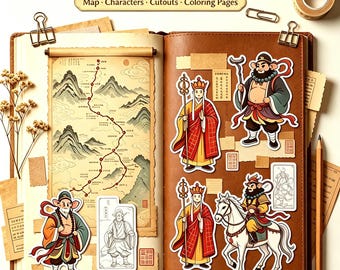 Monkey King Coloring Pages & Stickers, Journey to the West Printable Set, Sun Wukong, Chinese Myth Map, Kids Activity Pages, 16 sheets