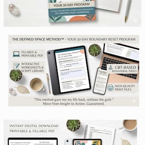 May include: An image showcasing "The Defined Space Method" workbook, a 30-day boundary reset program, with a journal, tablet, laptop, and smartphone. The image highlights fillable PDFs and interactive worksheets, with a guarantee of 110+ printable pages.