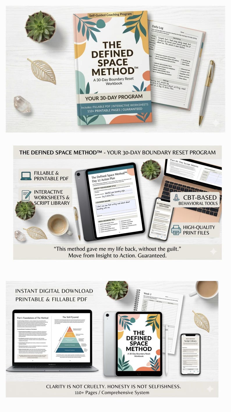 May include: An image showcasing "The Defined Space Method" workbook, a 30-day boundary reset program, with a journal, tablet, laptop, and smartphone. The image highlights fillable PDFs and interactive worksheets, with a guarantee of 110+ printable pages.