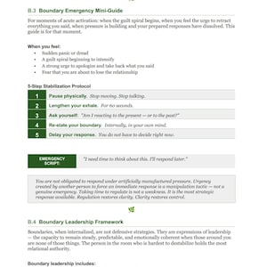 May include: A page from "The Defined Space Method" with the title "B.3 Boundary Emergency Mini-Guide." The guide lists steps to take during moments of acute activation, including pausing, exhaling, and delaying responses. The text is in black and green.