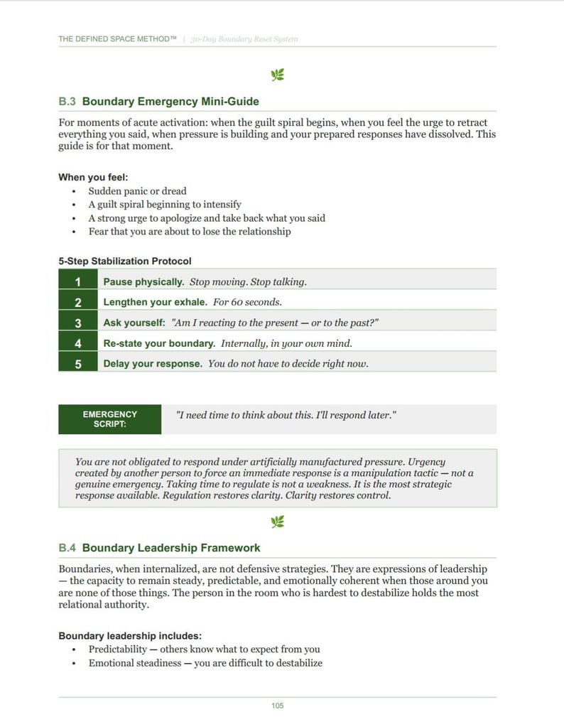 May include: A page from "The Defined Space Method" with the title "B.3 Boundary Emergency Mini-Guide." The guide lists steps to take during moments of acute activation, including pausing, exhaling, and delaying responses. The text is in black and green.