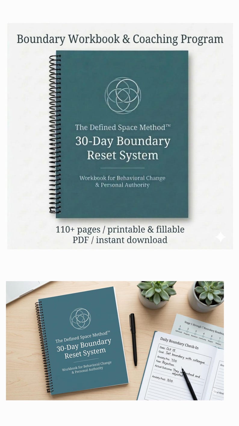 May include: A teal spiral-bound workbook titled "30-Day Boundary Reset System" with the text "The Defined Space Method." The workbook is for behavioural change and personal authority. The image also shows an open workbook with notes and a pen.
