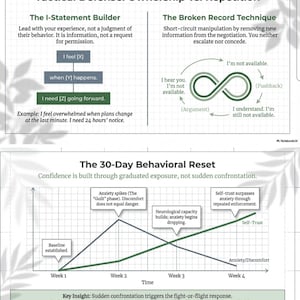May include: An infographic titled "Tactical Defence: Ownership vs. Repetition" and "The 30-Day Behavioural Reset." It features diagrams on communication strategies and a graph showing anxiety and self-trust levels over a four-week period.