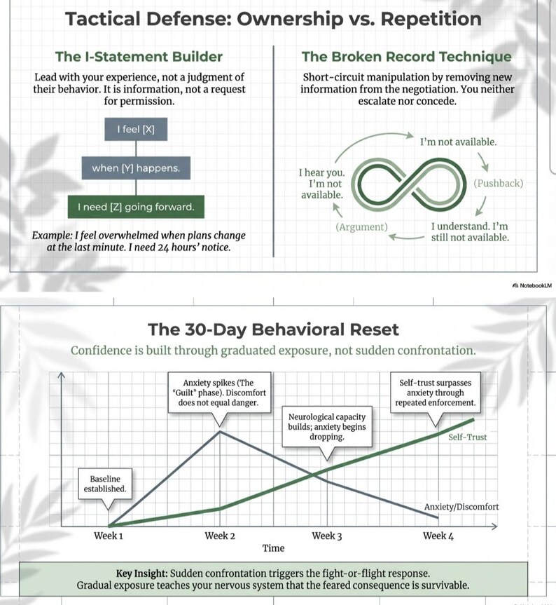 May include: An infographic titled "Tactical Defence: Ownership vs. Repetition" and "The 30-Day Behavioural Reset." It features diagrams on communication strategies and a graph showing anxiety and self-trust levels over a four-week period.