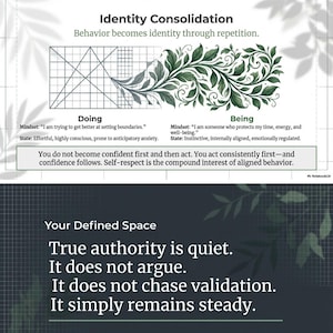 May include: An infographic titled "Identity Consolidation" explaining how behaviour shapes identity. It features text on mindset and state, and a statement about confidence. The lower section, "Your Defined Space", discusses the nature of true authority.
