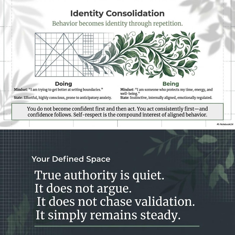 May include: An infographic titled "Identity Consolidation" explaining how behaviour shapes identity. It features text on mindset and state, and a statement about confidence. The lower section, "Your Defined Space", discusses the nature of true authority.
