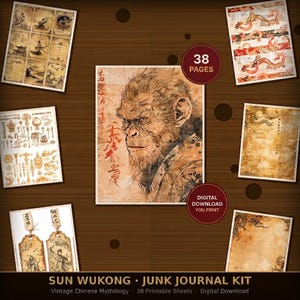 May include: A digital junk journal kit featuring 38 pages of printable sheets with sepia-toned illustrations of Sun Wukong, dragons, and ancient Chinese artifacts. The collection includes various parchment-style designs with calligraphy and motifs.