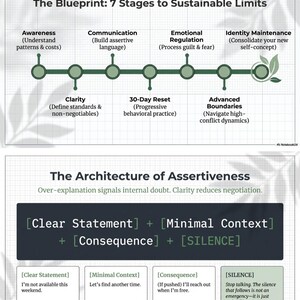 May include: A diagram titled "The Blueprint: 7 Stages to Sustainable Limits" and "The Architecture of Assertiveness." The first graphic shows a timeline with seven stages. The second graphic shows a formula for assertiveness: Clear Statement + Minimal Context + Consequence + Silence.