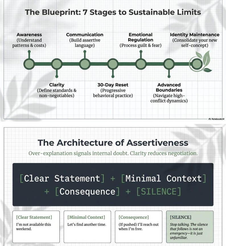 May include: A diagram titled "The Blueprint: 7 Stages to Sustainable Limits" and "The Architecture of Assertiveness." The first graphic shows a timeline with seven stages. The second graphic shows a formula for assertiveness: Clear Statement + Minimal Context + Consequence + Silence.