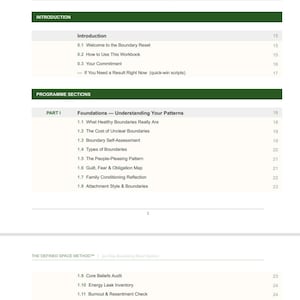 May include: A contents page from "The Defined Space Method" workbook, detailing sections on assessment, frameworks, and programme sections. Text is black and green on a white background.