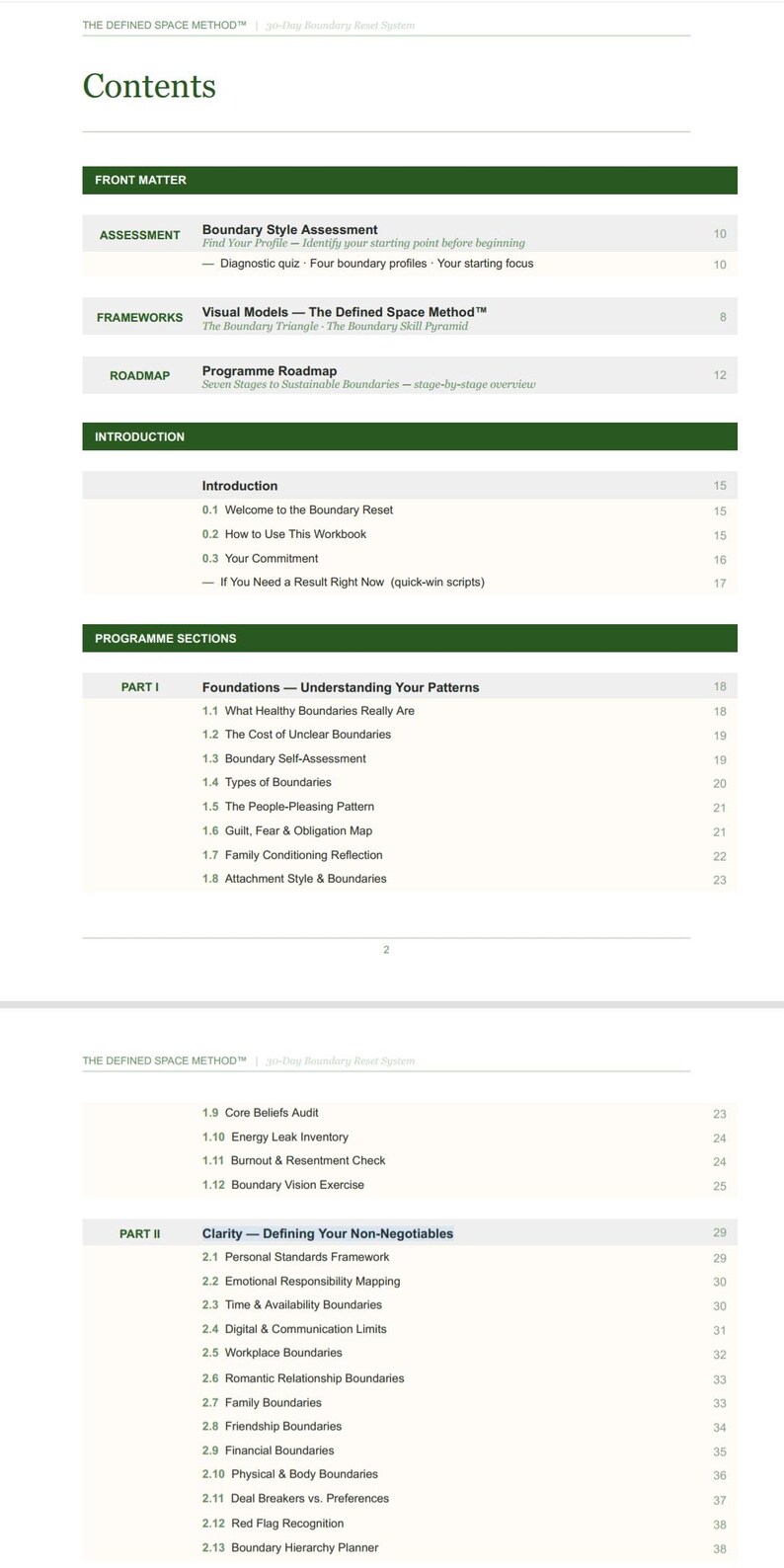 May include: A contents page from "The Defined Space Method" workbook, detailing sections on assessment, frameworks, and programme sections. Text is black and green on a white background.